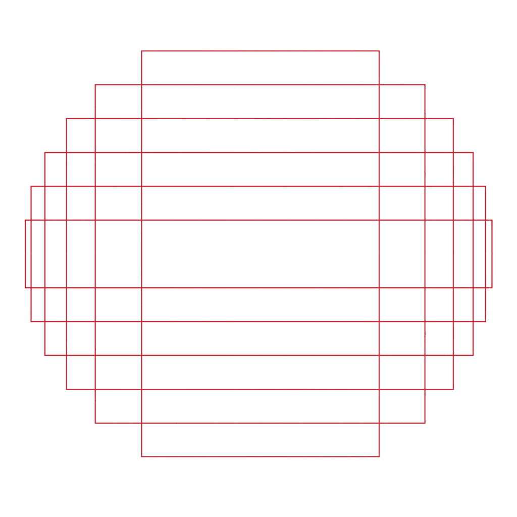 Geometric spherical grid with intersecting white and red lines on black background.