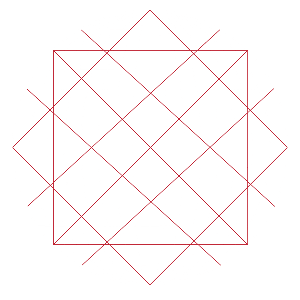 A spherical geometric design with intersecting red and green lines forming a grid pattern.