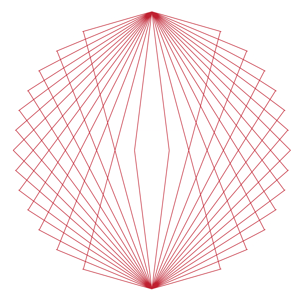 A geometric sphere with white grid and red angular lines on black background.