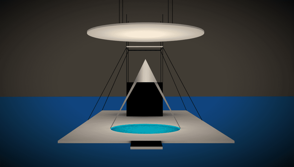 A geometric sphere with white grid and red angular lines on black background.